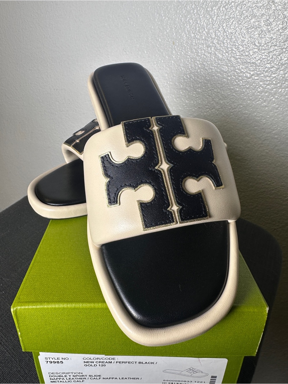 Tory Burch Double T Slide Sandals Women's 8.5 Cream/Black Leather Slip-On